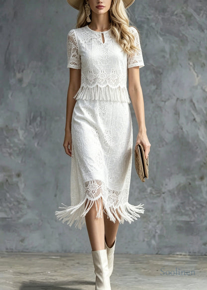 Boho White Tasseled Patchwork Lace Maxi Dress Summer