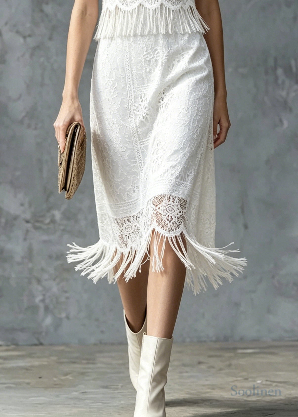 Boho White Tasseled Patchwork Lace Maxi Dress Summer