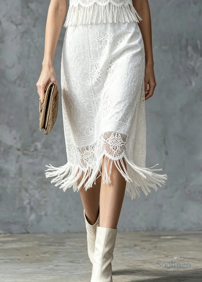 Boho White Tasseled Patchwork Lace Maxi Dress Summer