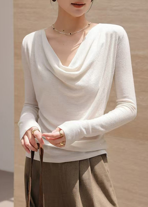 Boho White Turtle Neck Wool Knit Blouse Top Spring