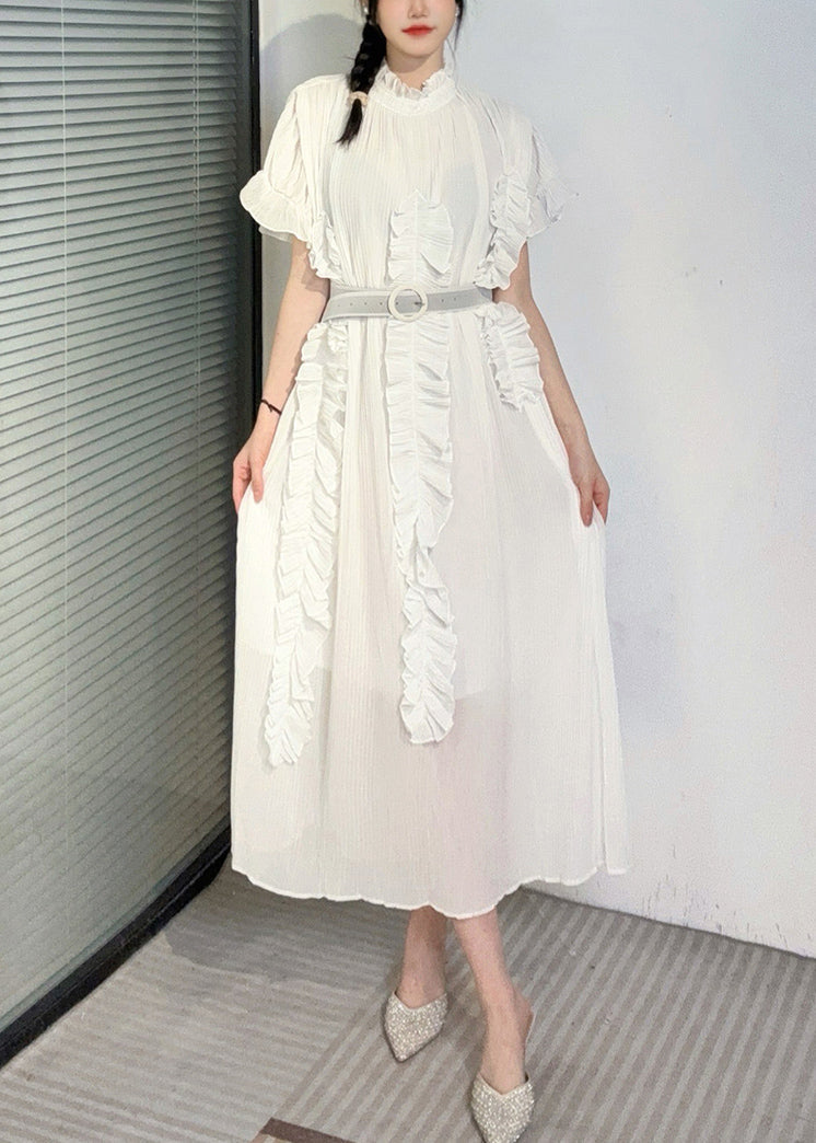 Boho White Turtleneck Ruffled Patchwork Long Dresses Short Sleeve