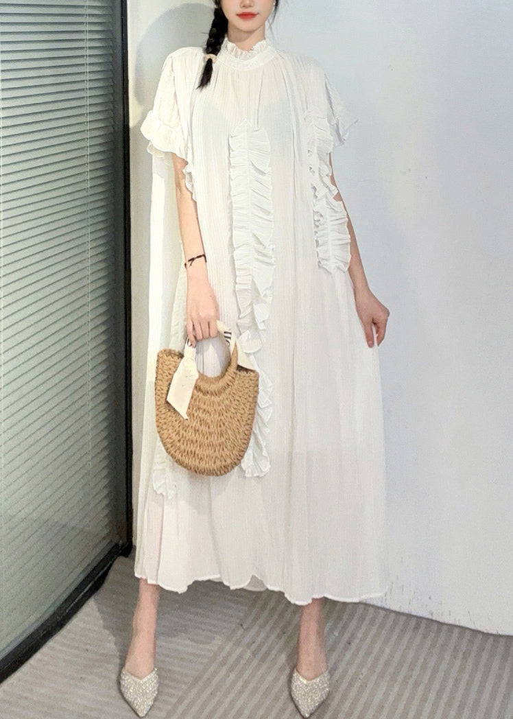 Boho White Turtleneck Ruffled Patchwork Long Dresses Short Sleeve