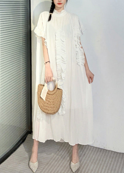 Boho White Turtleneck Ruffled Patchwork Long Dresses Short Sleeve