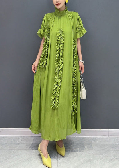 Boho White Turtleneck Ruffled Patchwork Long Dresses Short Sleeve