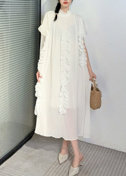 Boho White Turtleneck Ruffled Patchwork Long Dresses Short Sleeve