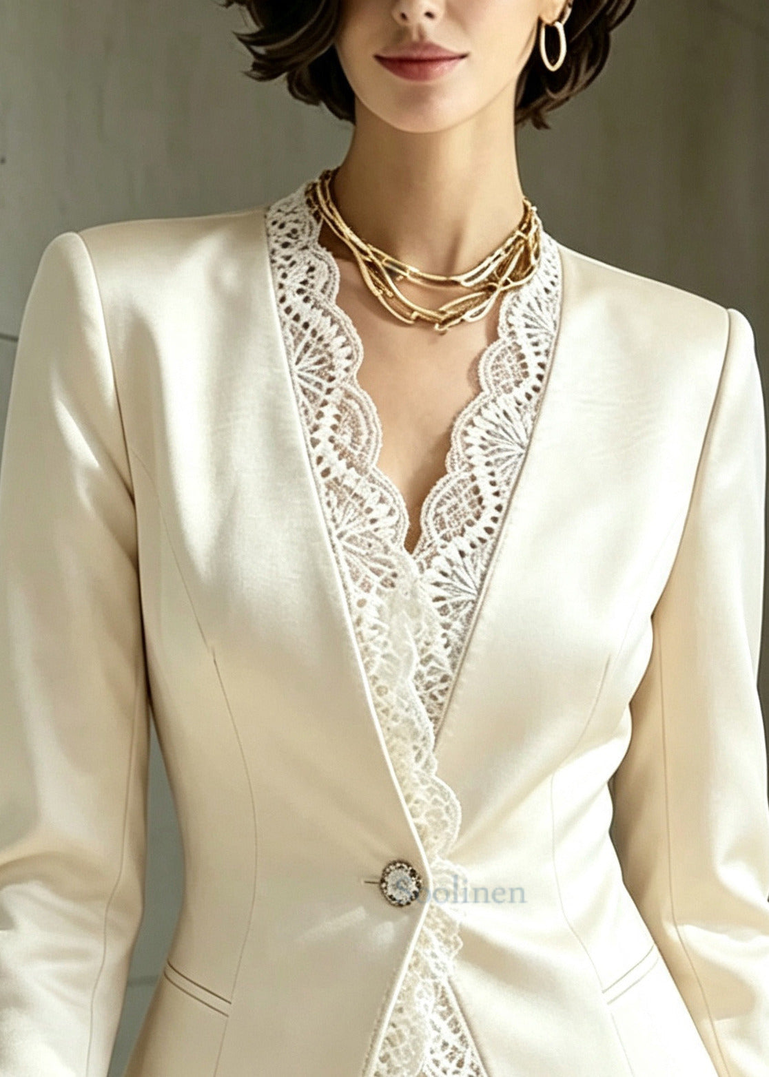 Boho White V Neck Patchwork Lace Satin Coats Fall