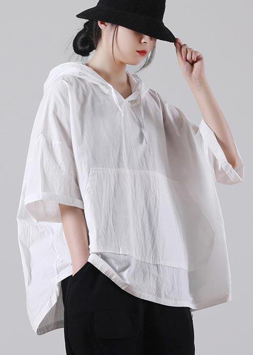 Boho White hooded Cotton Tops Summer - SooLinen
