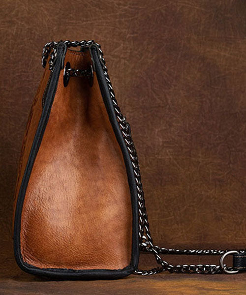 Boho Yellow Embossing Paitings Calf Leather Satchel Handbag