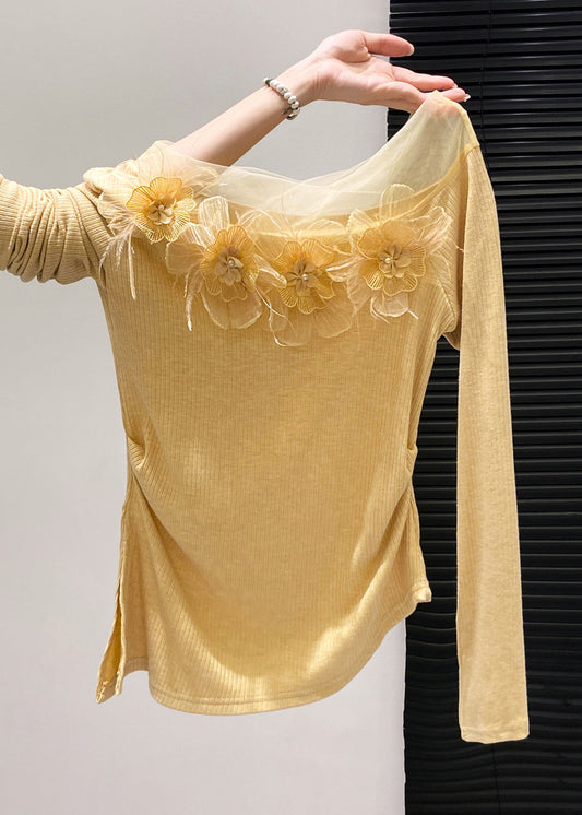 Boho-Top aus gelber Baumwolle mit Blumenmuster und seitlichem Schlitz für den Frühling