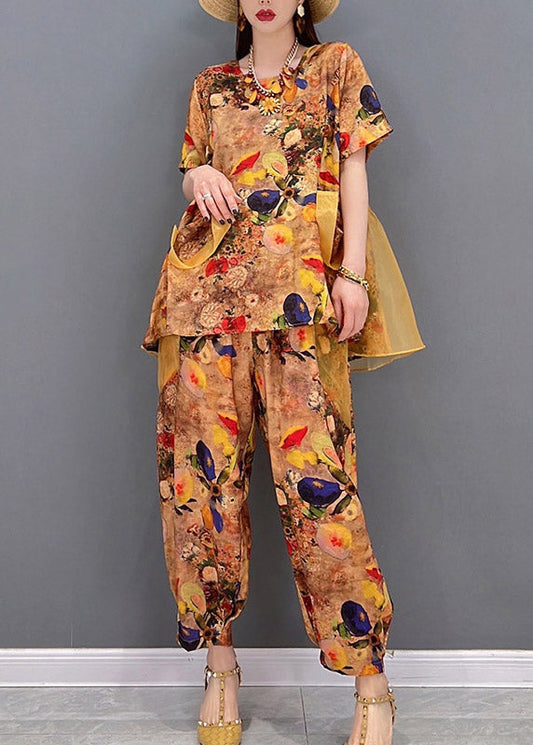 Boho Gelb O-Ausschnitt Print Tüll Patchwork Chiffon Tops und Hosen Zweiteiler Damen Kleidung Kurzarm