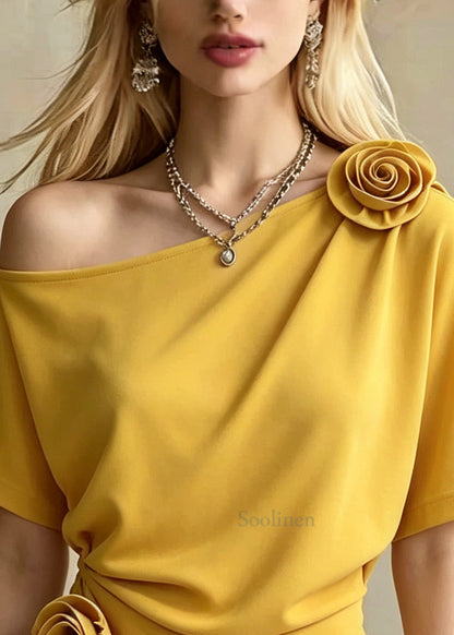 Boho Yellow One Shoulder Floral Cotton Shirt Tops Summer