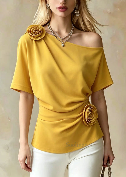 Boho Yellow One Shoulder Floral Cotton Shirt Tops Summer