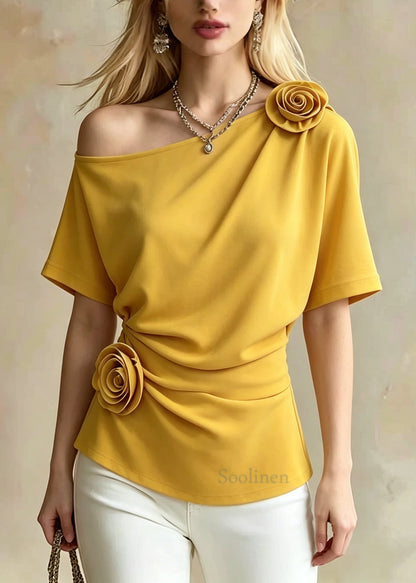 Boho Yellow One Shoulder Floral Cotton Shirt Tops Summer