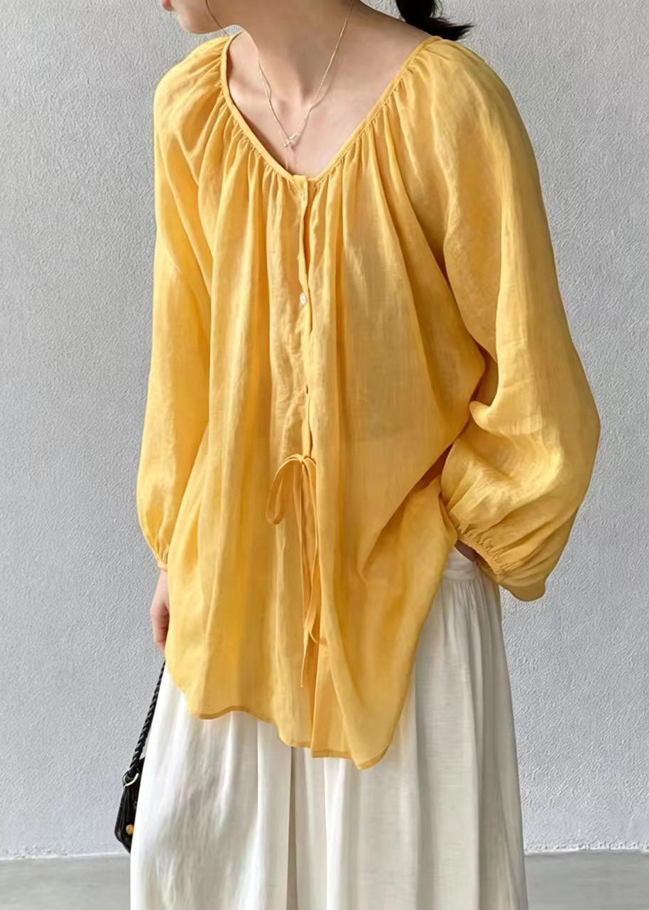 Boho Yellow Oversized Linen Blouses Summer