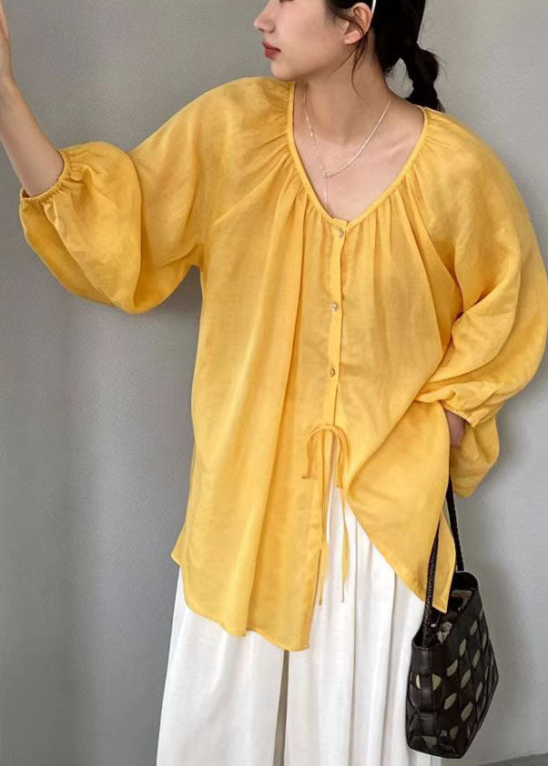 Boho Yellow Oversized Linen Blouses Summer