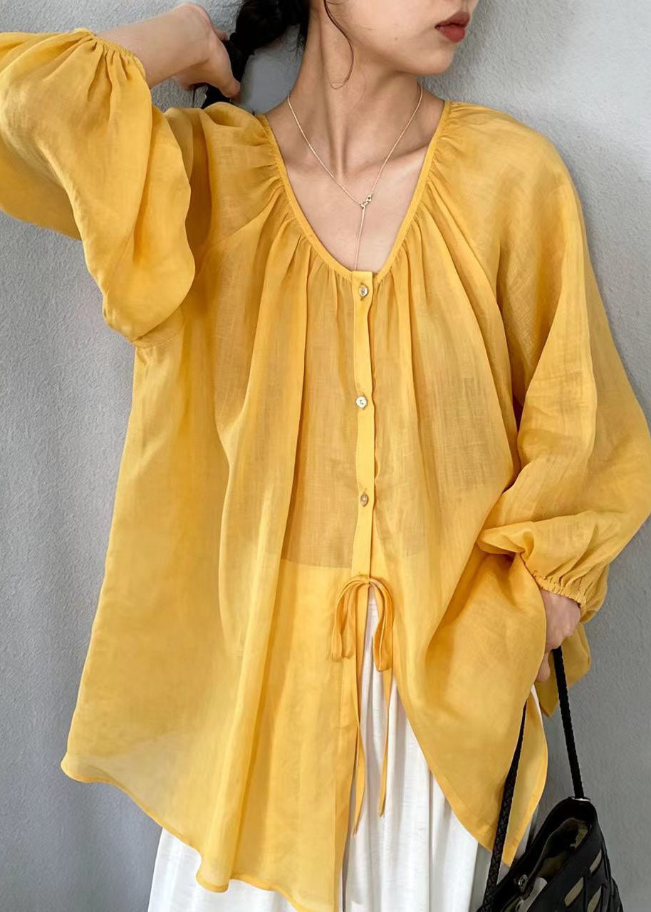 Boho Yellow Oversized Linen Blouses Summer