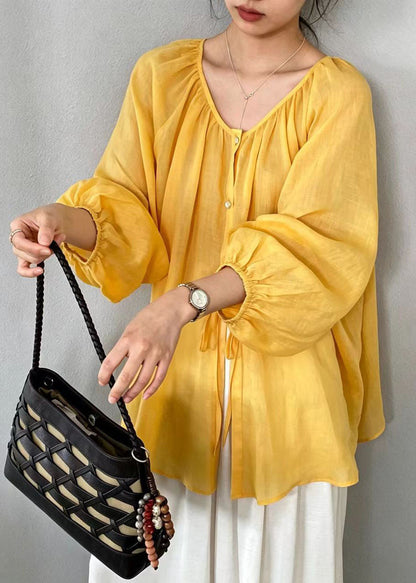 Boho Yellow Oversized Linen Blouses Summer
