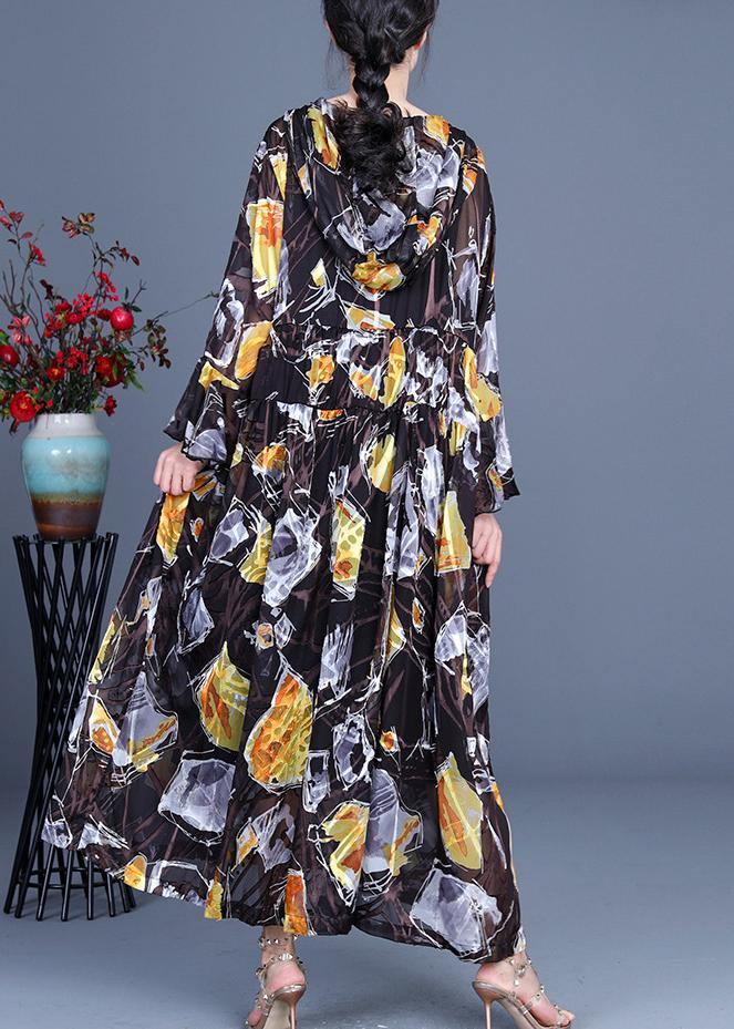 Boho Yellow Print hooded Cinched Mid Dress Summer Silk - SooLinen