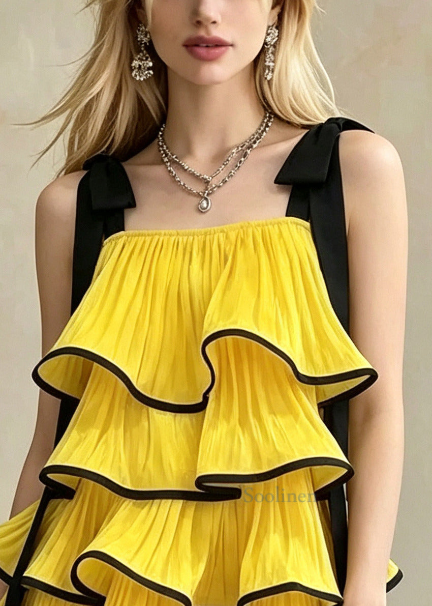 Boho Yellow Ruffled Bow Chiffon Cami Dress Summer