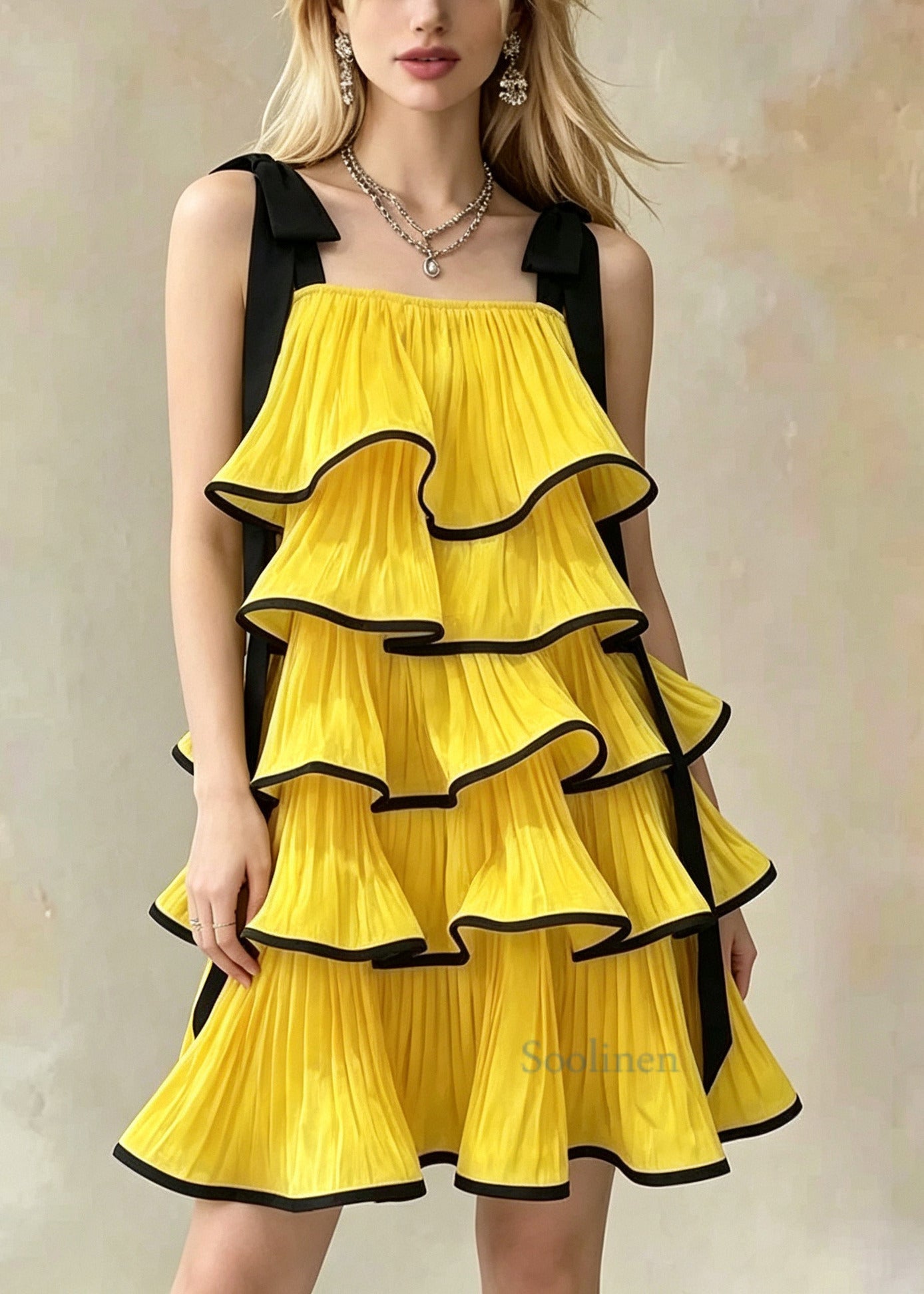 Boho Yellow Ruffled Bow Chiffon Cami Dress Summer