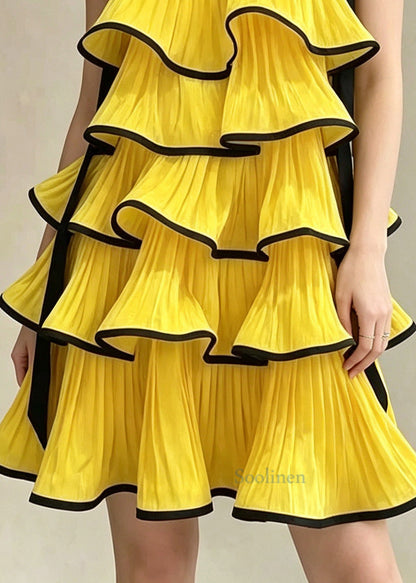 Boho Yellow Ruffled Bow Chiffon Cami Dress Summer