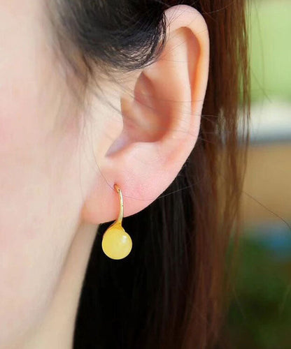 Boho Gelb Sterling Silber Chalcedon Sphärische Tropfen Ohrringe