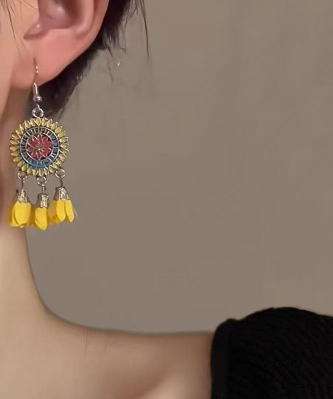 Boho Yellow Sterling Silver Floral Tassel Drop Earrings