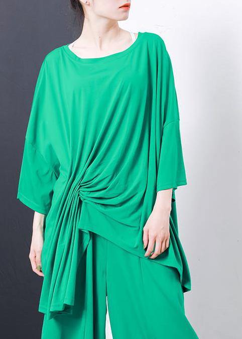 Boho green Irregular Design T-Shirt Elegant cotton Pleated Solid Color clothes - SooLinen
