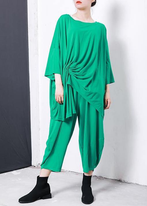 Boho green Irregular Design T-Shirt Elegant cotton Pleated Solid Color clothes - SooLinen