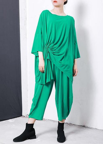 Boho green Irregular Design T-Shirt Elegant cotton Pleated Solid Color clothes - SooLinen