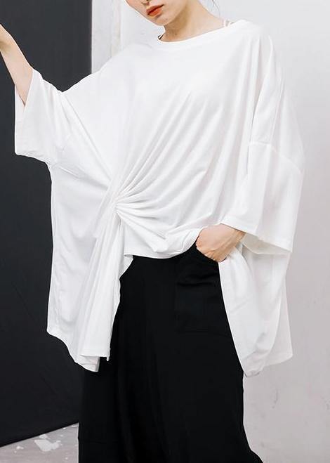 Boho green Irregular Design T-Shirt Elegant cotton Pleated Solid Color clothes - SooLinen