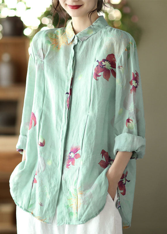 Boho hellgrüne Knopf Peter Pan Kragen Leinen Blusen Frühling
