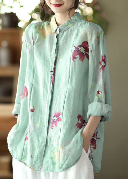 Boho hellgrüne Knopf Peter Pan Kragen Leinen Blusen Frühling