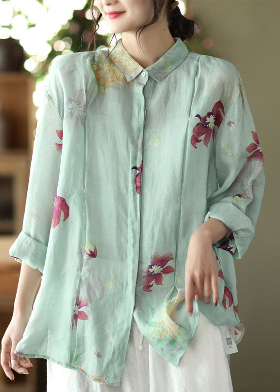 Boho hellgrüne Knopf Peter Pan Kragen Leinen Blusen Frühling