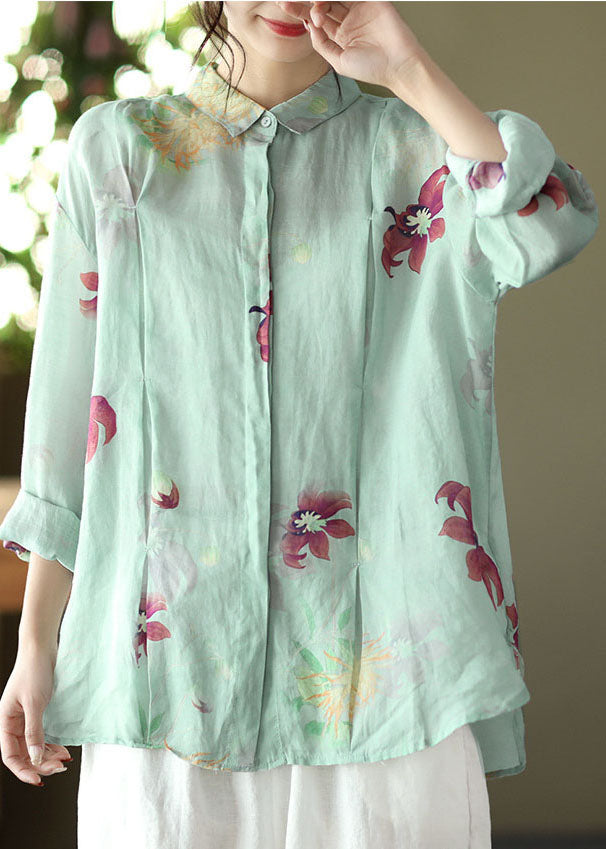 Boho hellgrüne Knopf Peter Pan Kragen Leinen Blusen Frühling