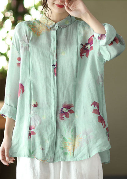 Boho hellgrüne Knopf Peter Pan Kragen Leinen Blusen Frühling