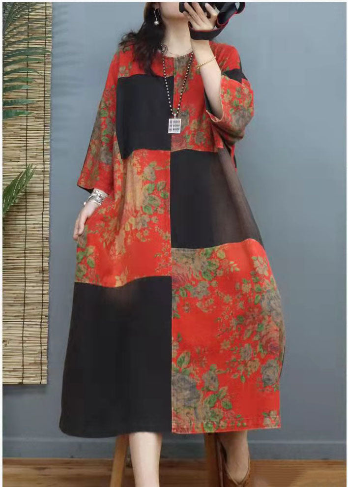 Boho Rotes Patchwork-Partykleid aus Baumwolle mit Kapuze für den Winter