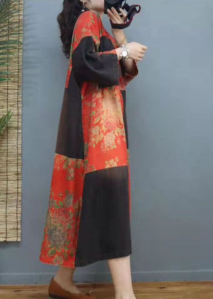 Boho Rotes Patchwork-Partykleid aus Baumwolle mit Kapuze für den Winter