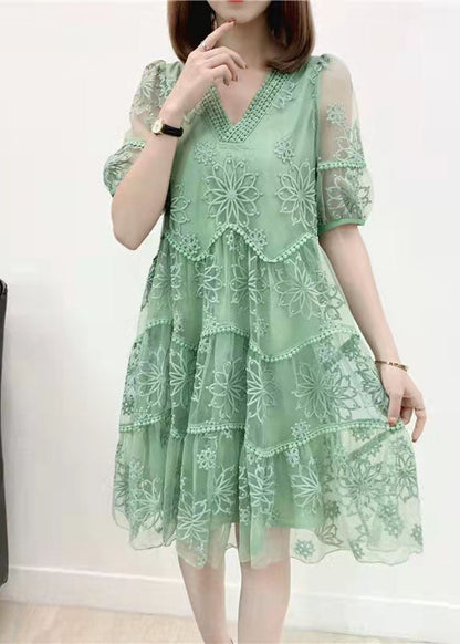 Boho Rosa Stickerei Chiffon Kleid Patchwork Halbarm Zweiteiler Damenbekleidung