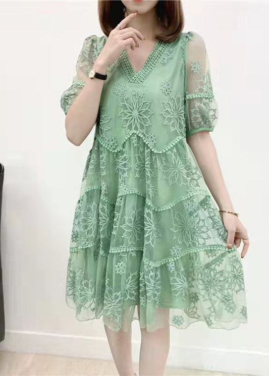 Boho Rosa Stickerei Chiffon Kleid Patchwork Halbarm Zweiteiler Damenbekleidung