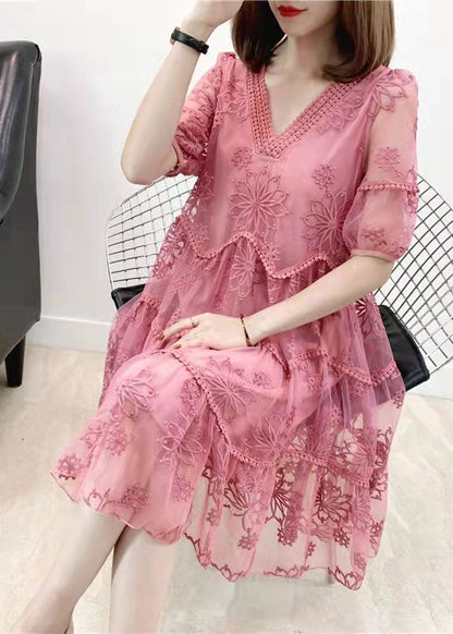 Boho Rosa Stickerei Chiffon Kleid Patchwork Halbarm Zweiteiler Damenbekleidung