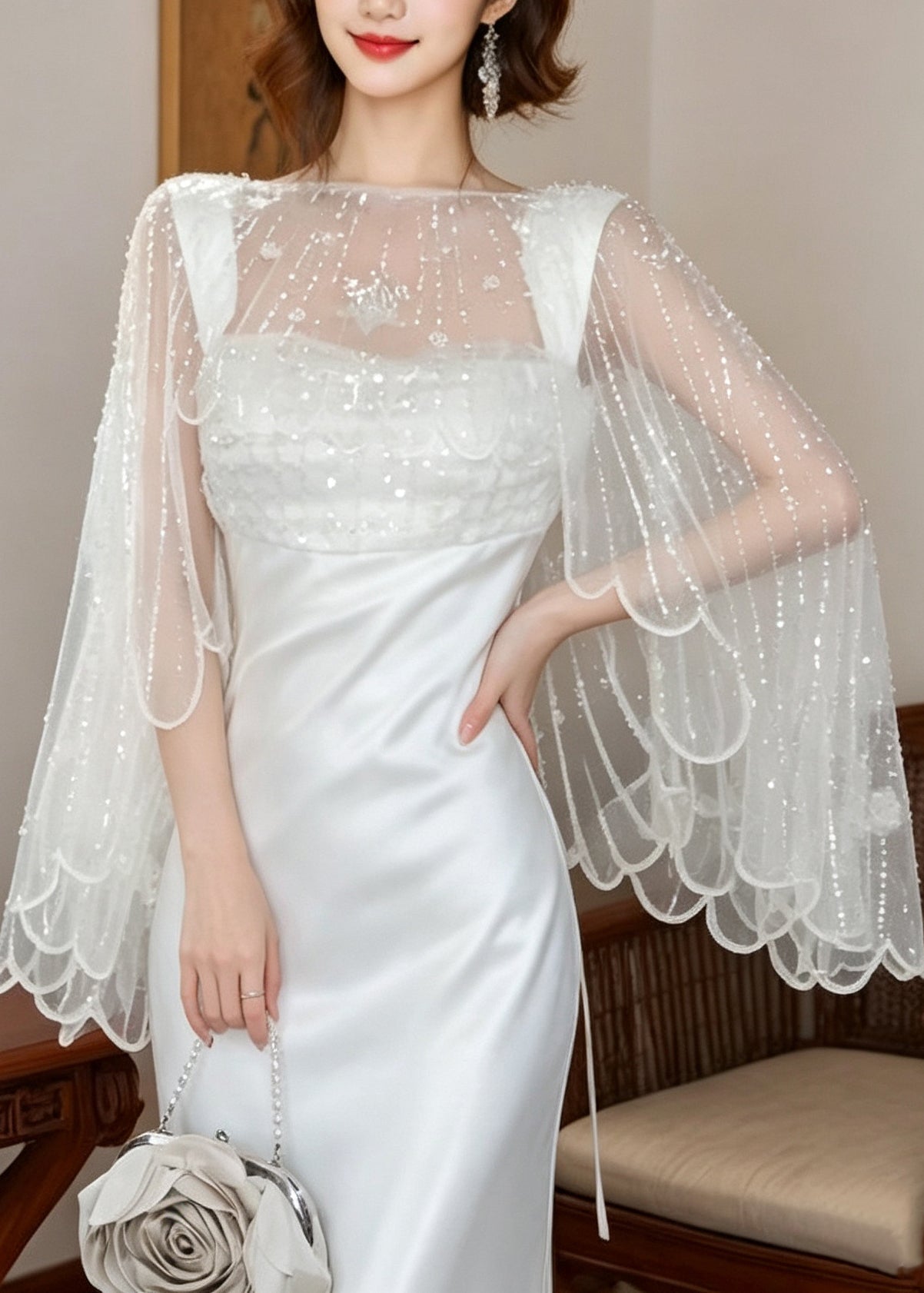 Boutique Apricot Nail Bead Tulle Shawl Summer