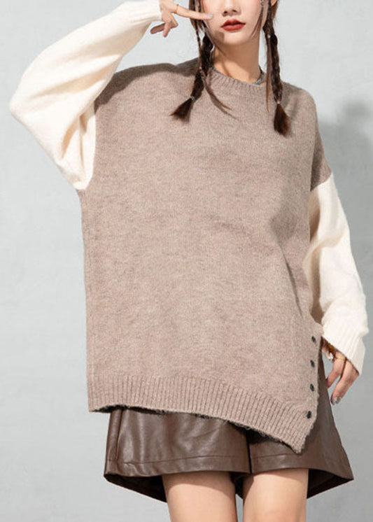 Boutique Apricot O-Ausschnitt Asymmetrische dicke Patchwork Wollpullover Tops Frühling