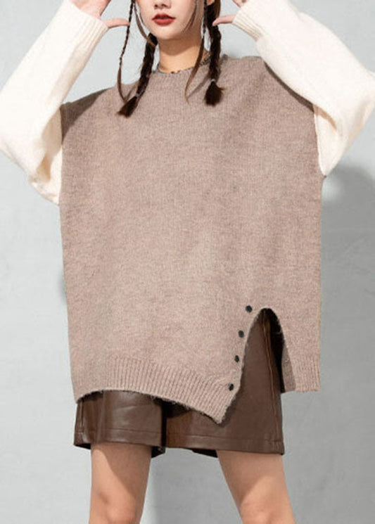 Boutique Apricot O-Ausschnitt Asymmetrische dicke Patchwork Wollpullover Tops Frühling