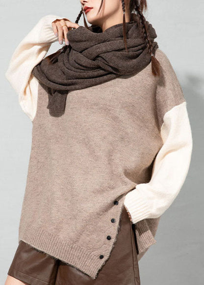 Boutique Apricot O-Ausschnitt Asymmetrische dicke Patchwork Wollpullover Tops Frühling