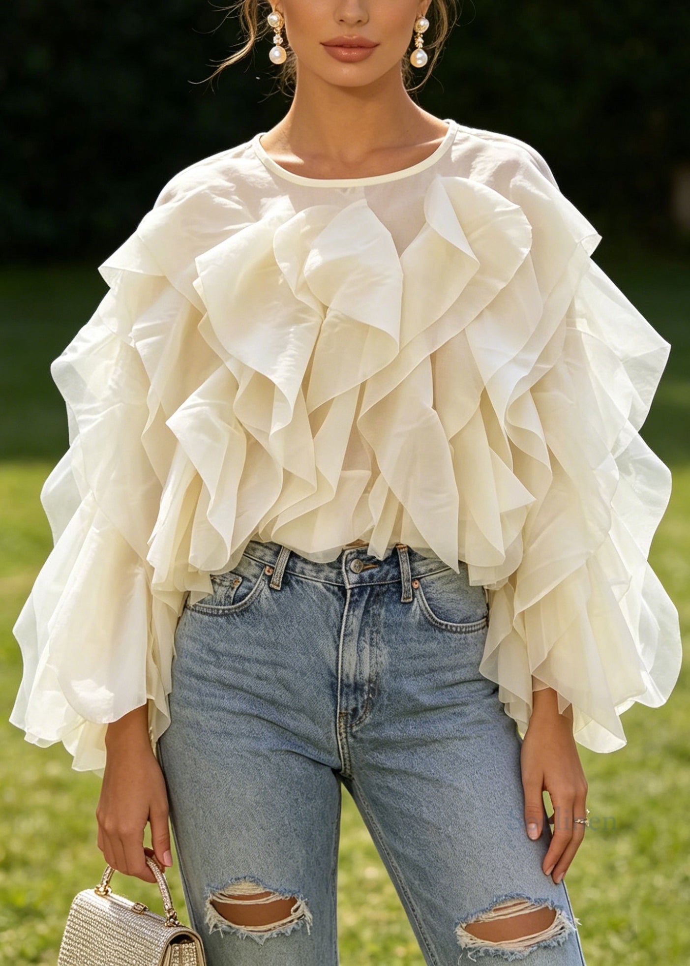 Boutique Apricot O Neck Ruffled Patchwork Chiffon Top Long Sleeve