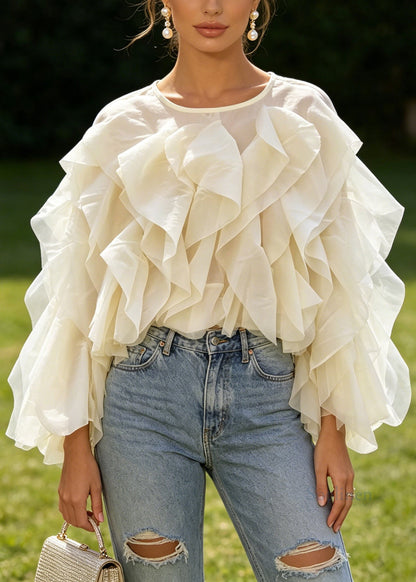 Boutique Apricot O Neck Ruffled Patchwork Chiffon Top Long Sleeve