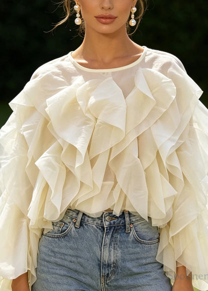 Boutique Apricot O Neck Ruffled Patchwork Chiffon Top Long Sleeve
