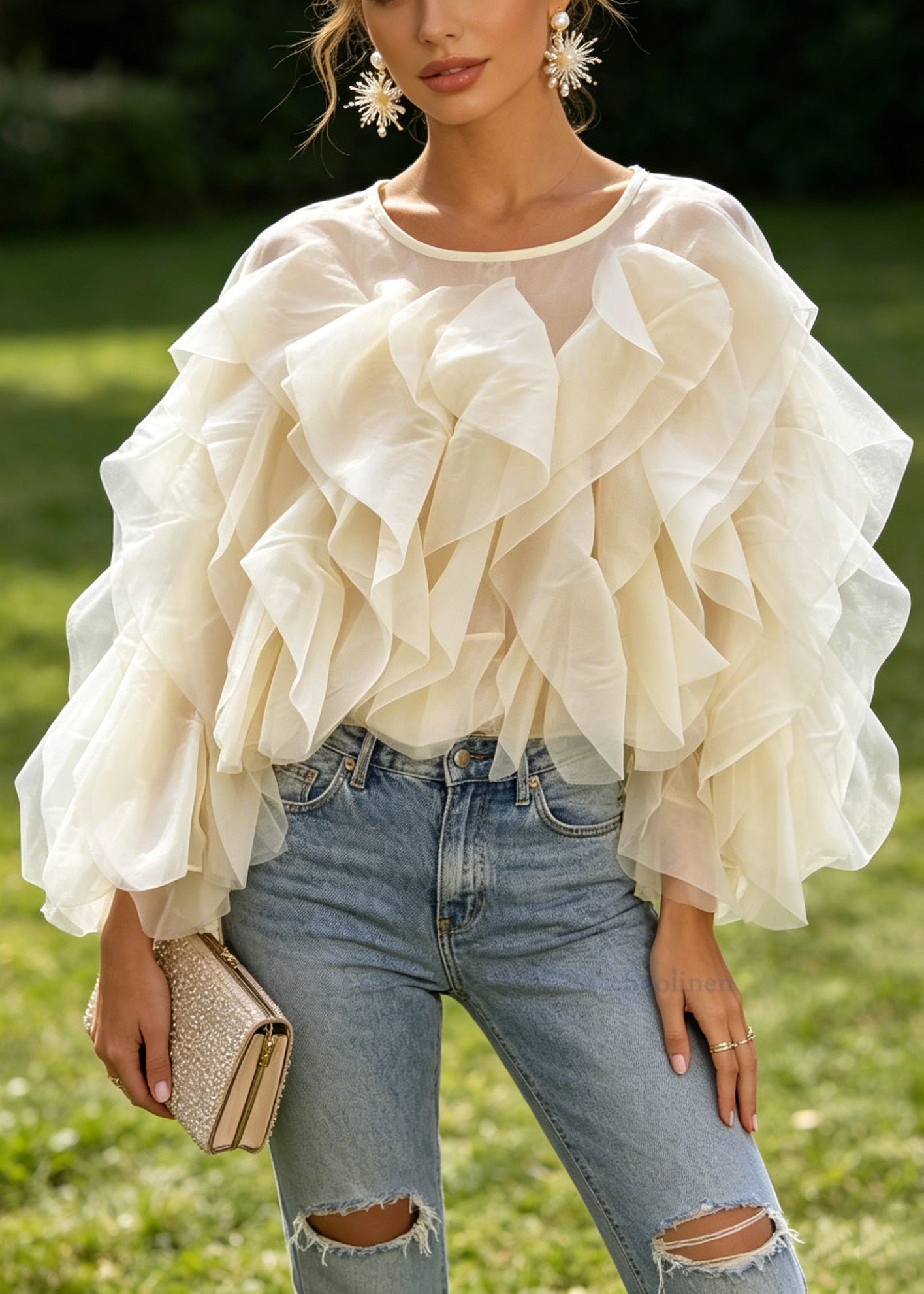 Boutique Apricot O Neck Ruffled Patchwork Chiffon Top Long Sleeve