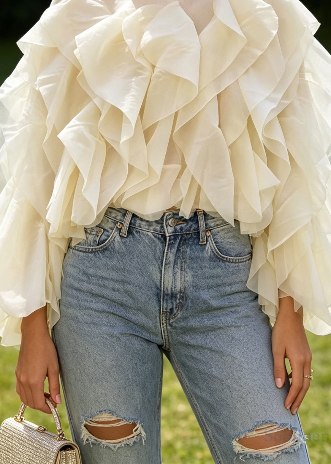 Boutique Apricot O Neck Ruffled Patchwork Chiffon Top Long Sleeve